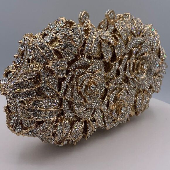 New, no tags, gold hard/clamshell/hand bag/clutch, fully embellished, crystals - Picture 5 of 16